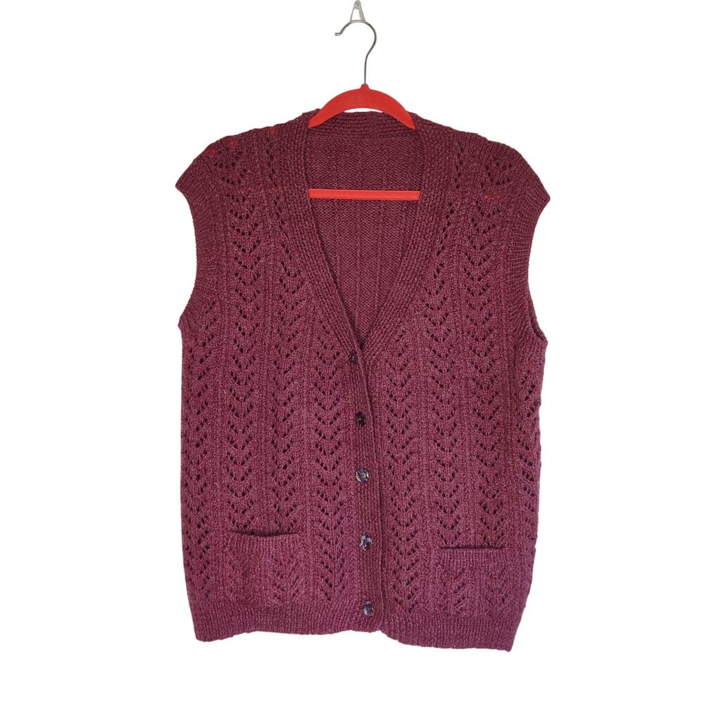 Vintage Pointelle Knit Mauve Purple Sweater Vest Waistcoat Large XL Cottagecore